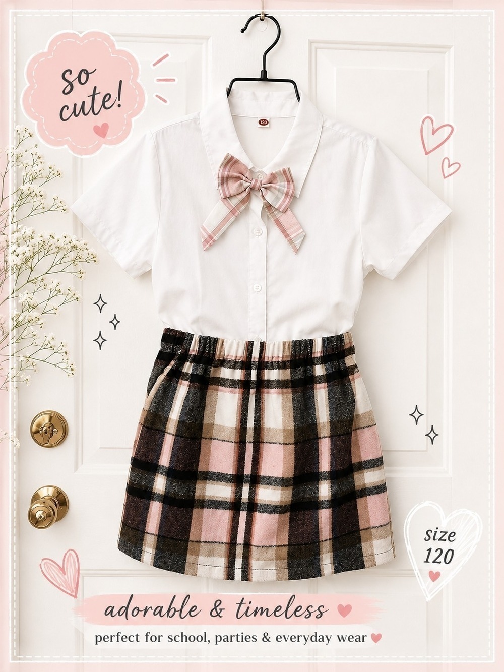 Girls Pink Tan Plaid Skirt And White Button Down With Bow Tie